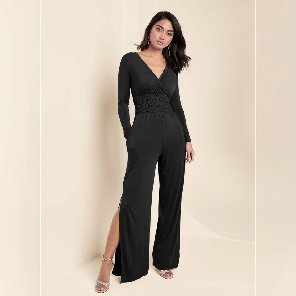 Venus All Black Smocked Waist V-neck Wide Leg With Slits Long Sleeve Jumpsuit